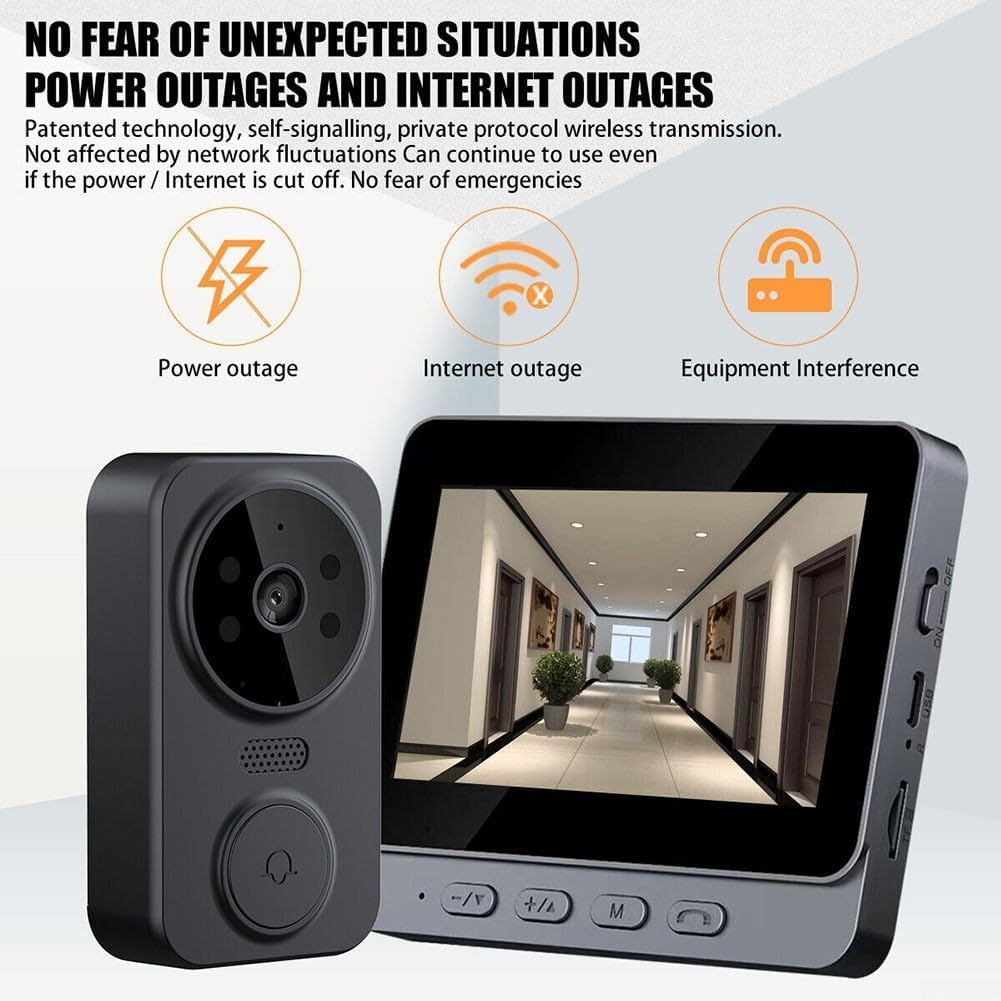 WiFi Free Video Doorbell with 4 3 Screen, Two Way Intercom, TF Card Support, Wireless Video Doorbell