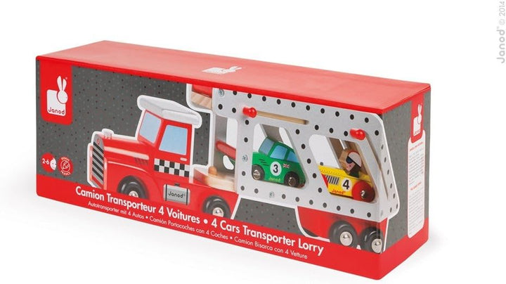 Janod - From 2 years old - Large Wooden Car Carrier - 4 Wooden Cars Included - Develops Imagination