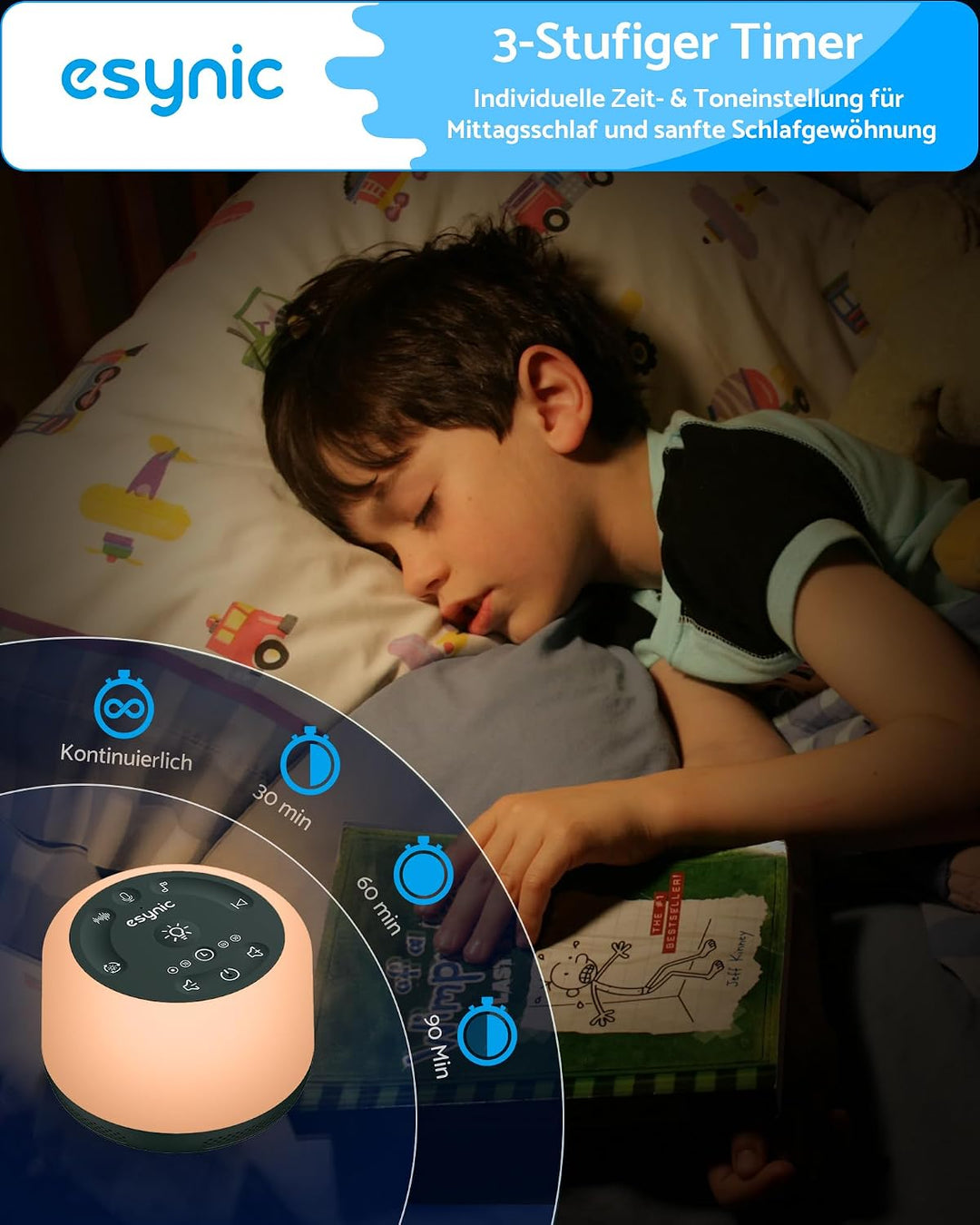 eSynic White Noise Machine–30 Klangoptionen, Schlafhilfe & Meditationshilfe, 7 LED-Farblichter, Atem