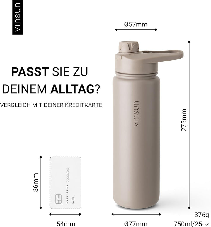 Vinsun Trinkflasche Edelstahl taupe 750ml inkl. 2 Deckel - auslaufsicher | Strohhalm Deckel & Trinkö