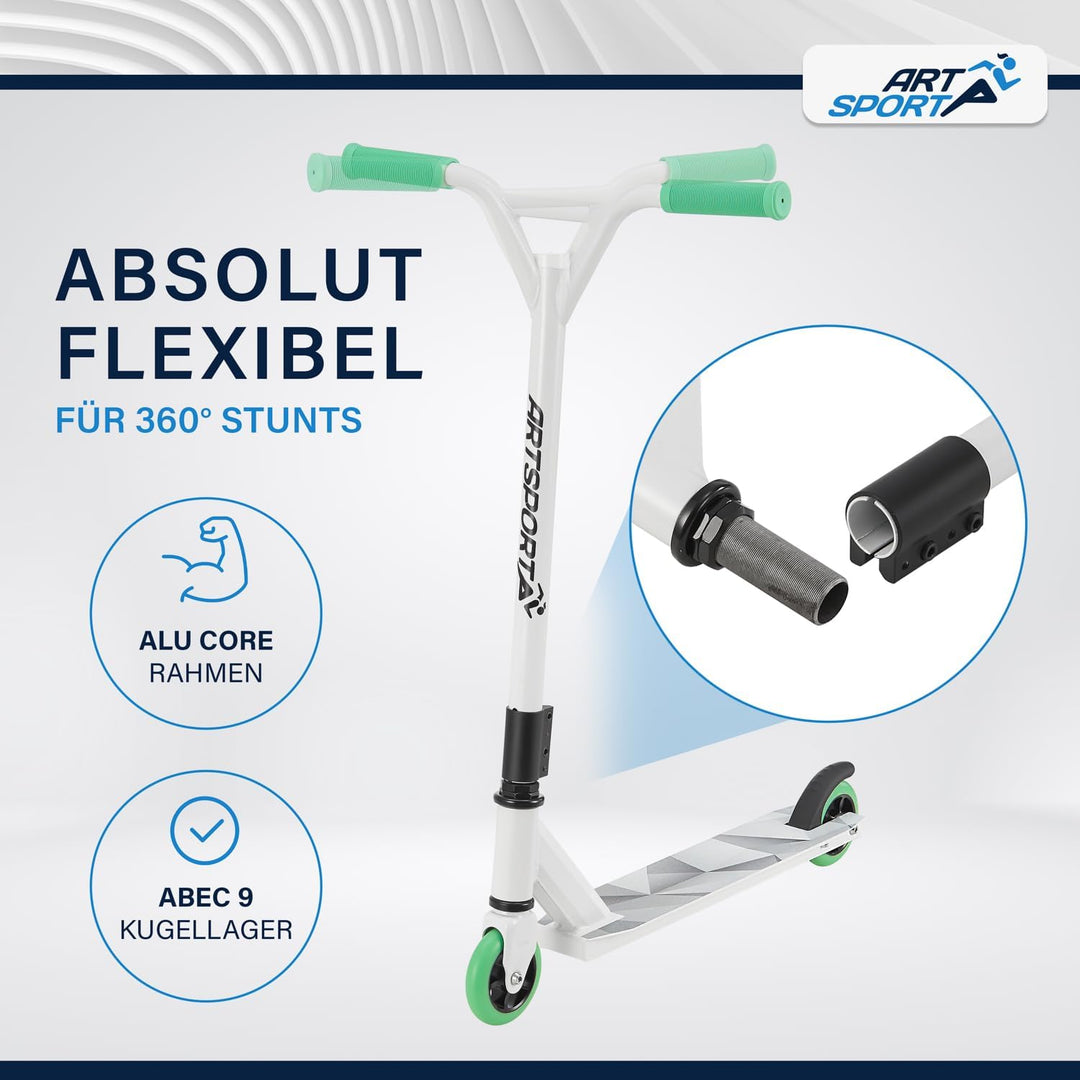 ArtSport Stunt Scooter mit 360° Lenkung, ABEC 9 Kugellager, 100 mm PU Räder & Griptape, Funscooter f