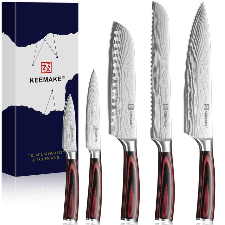 KEEMAKE Küchenmesser Set 5 teilig, Messerset aus Edelstahl mit Profi Brotmesser Kochmesser Santoku M