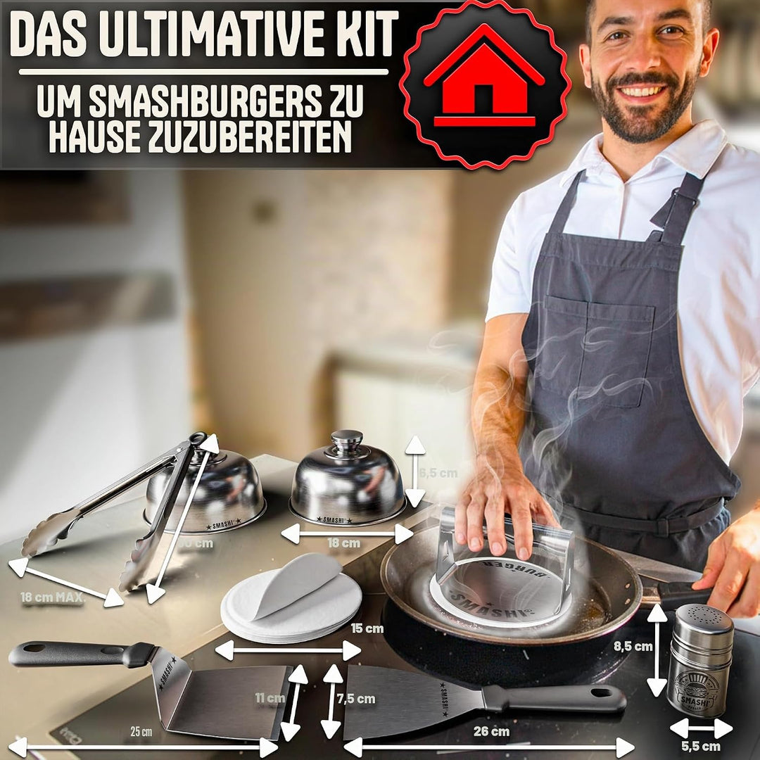 SMASHI® Smash Burger Set aus Edelstahl 304 – Professionelles Set mit Antihaft-Presse, Grillspachtel