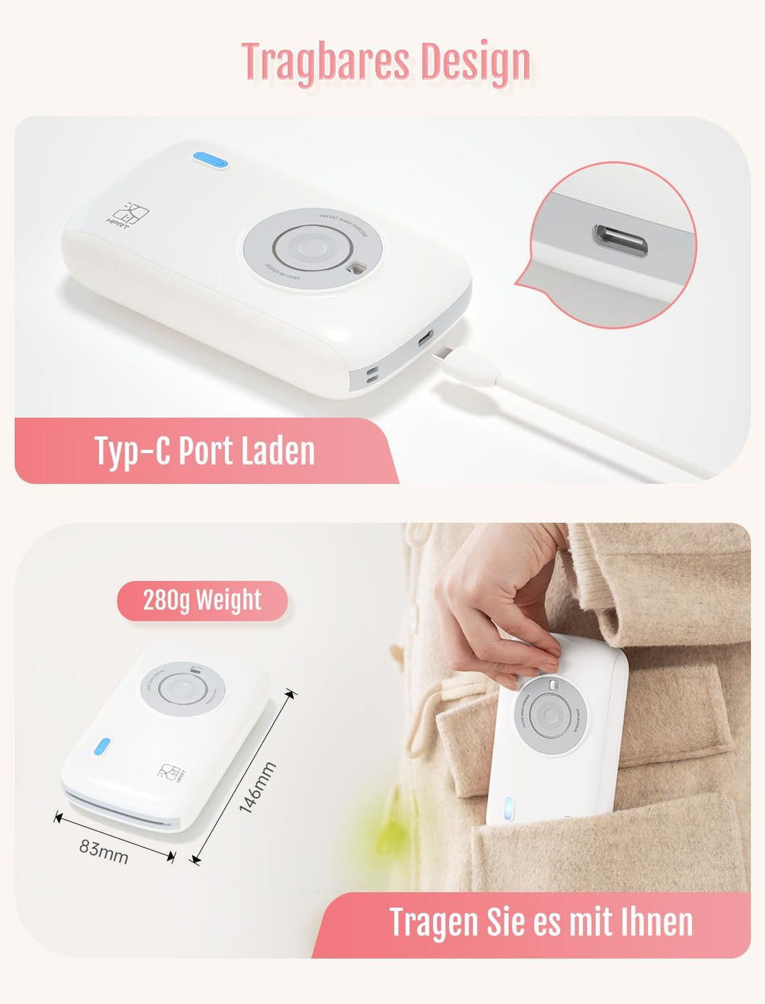 HPRT Mini Fotodrucker für Smartphone(5x7,6cm), drahtloser Bild-Drucker für Smartphone,tragbarer Foto