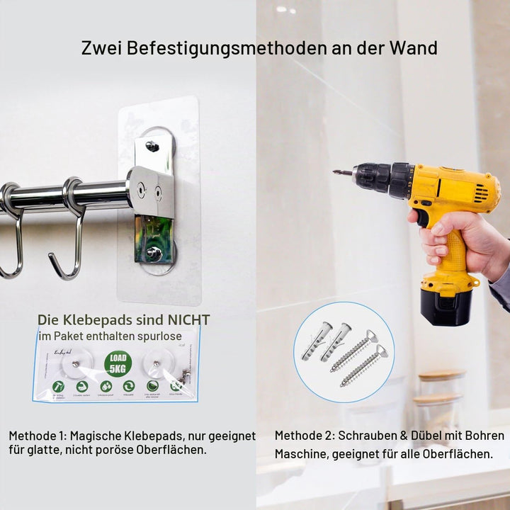 Hängeleiste Küchenreling, Küchenhakenleiste 6 Haken mit Messerhalter und Topfdeckel Halter, Edelstah