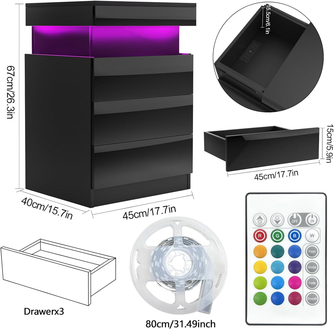 Lvhcmfohm Nachttisch Schwarz 2er Set, Nachtschrank mit Led Licht und Steckdose, Nachtkommode mit 3 S