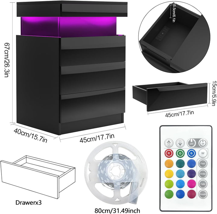 Lvhcmfohm Nachttisch Schwarz 2er Set, Nachtschrank mit Led Licht und Steckdose, Nachtkommode mit 3 S