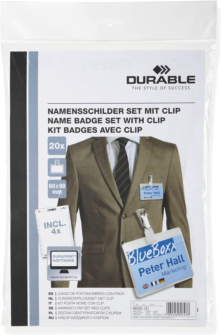Durable Namensschilder Set, 60 x 90 mm mit Clip, inklusiv 20 Namensschilder und 4 Beschriftungsbögen