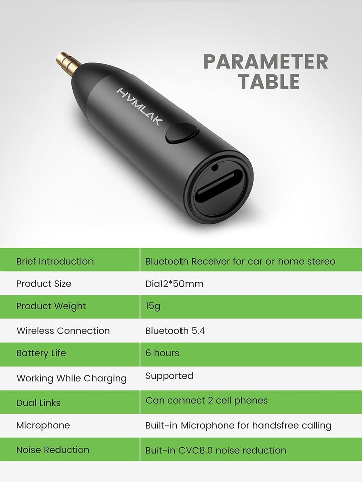 HVMLAK Aux Bluetooth Adapter Auto, Bluetooth 5.3 Empfänger Klinke 3.5 mit Stärkerem Mikrofon, für Au