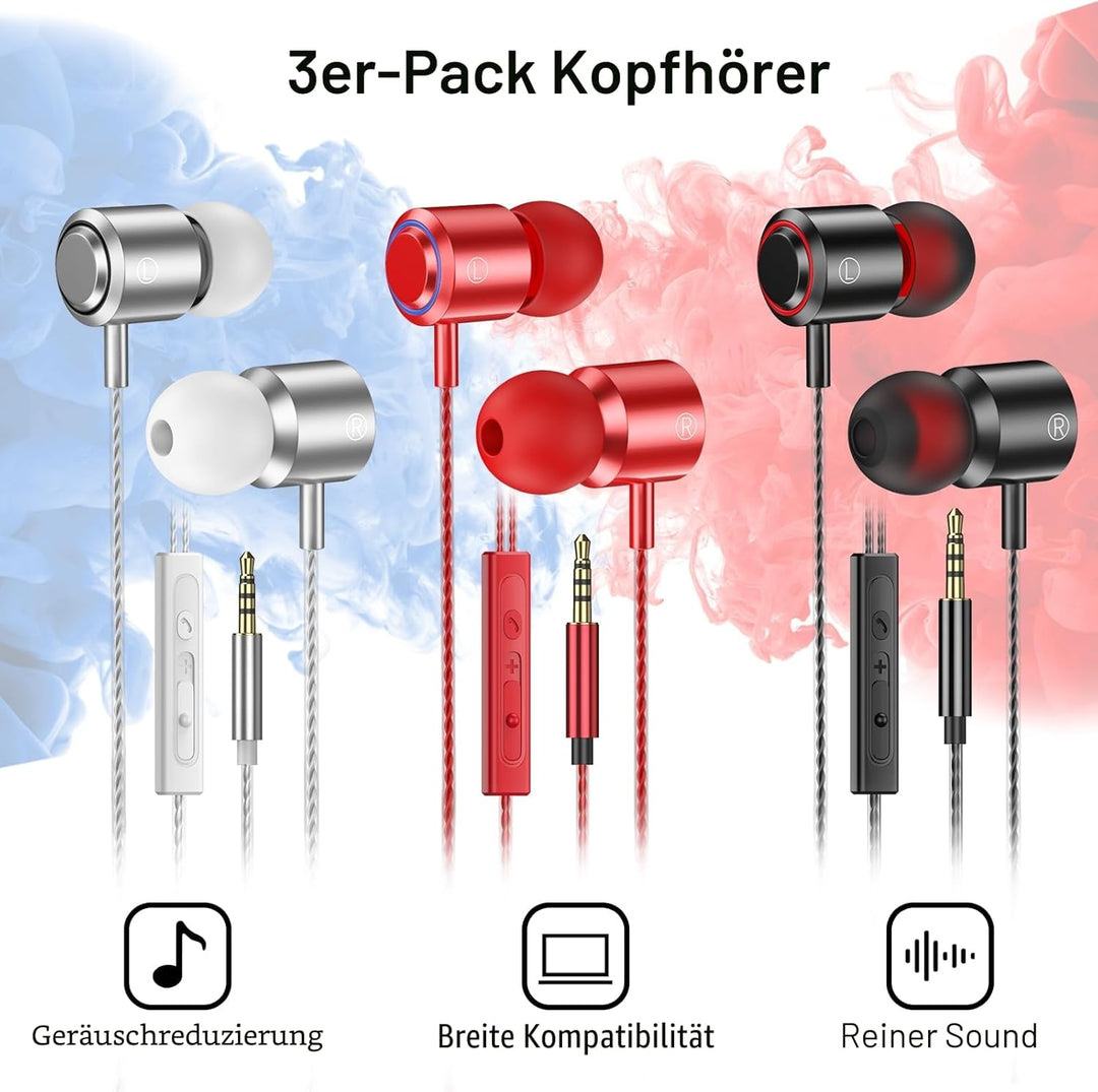 In Ear Kopfhörer mit Kabel, 3-er Set mit Mikrofon und Lautstärkeregler, Stereo, Leichte In-Ear Ohrhö
