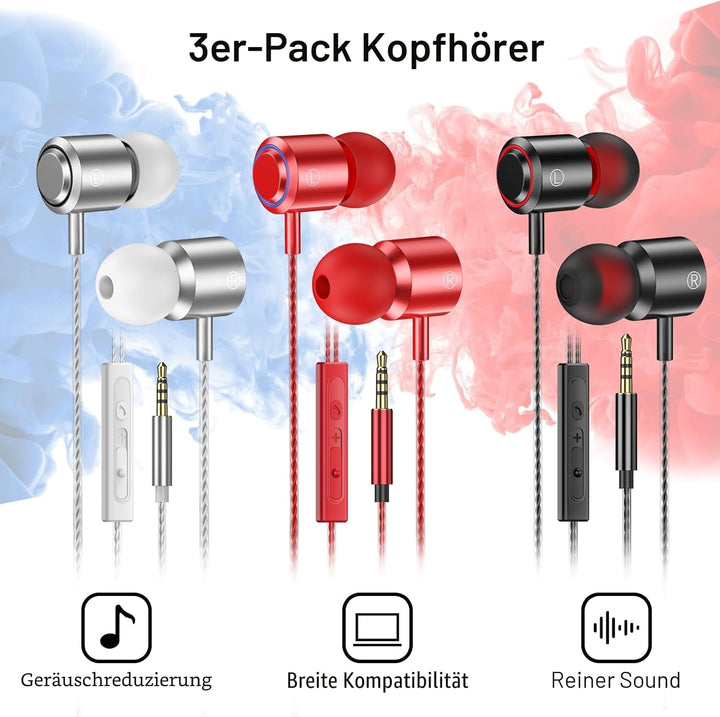 In Ear Kopfhörer mit Kabel, 3-er Set mit Mikrofon und Lautstärkeregler, Stereo, Leichte In-Ear Ohrhö