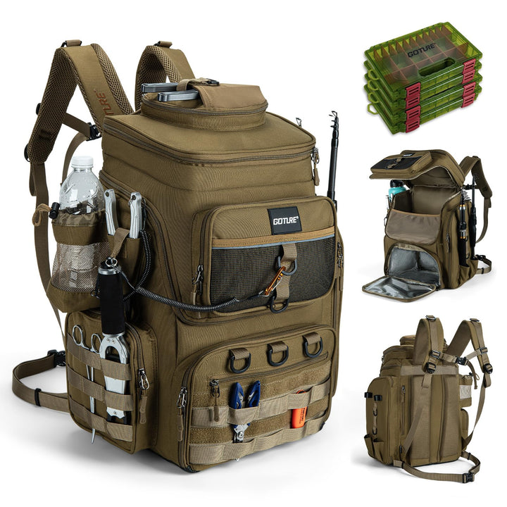 Goture Angelrucksack mit 4 Köderbox Angeln, 55-Liter Angelzubehör-Rucksack mit Zwei Rutenhaltern und