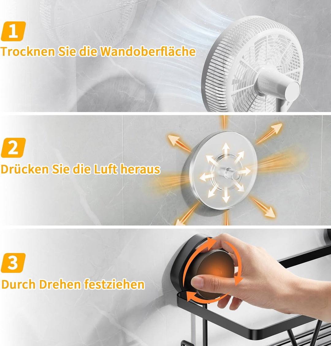 ZUNTO Badezimmer-Saugnapfregal – 3-teilig, Schwarz, Edelstahl, Montage ohne Bohren