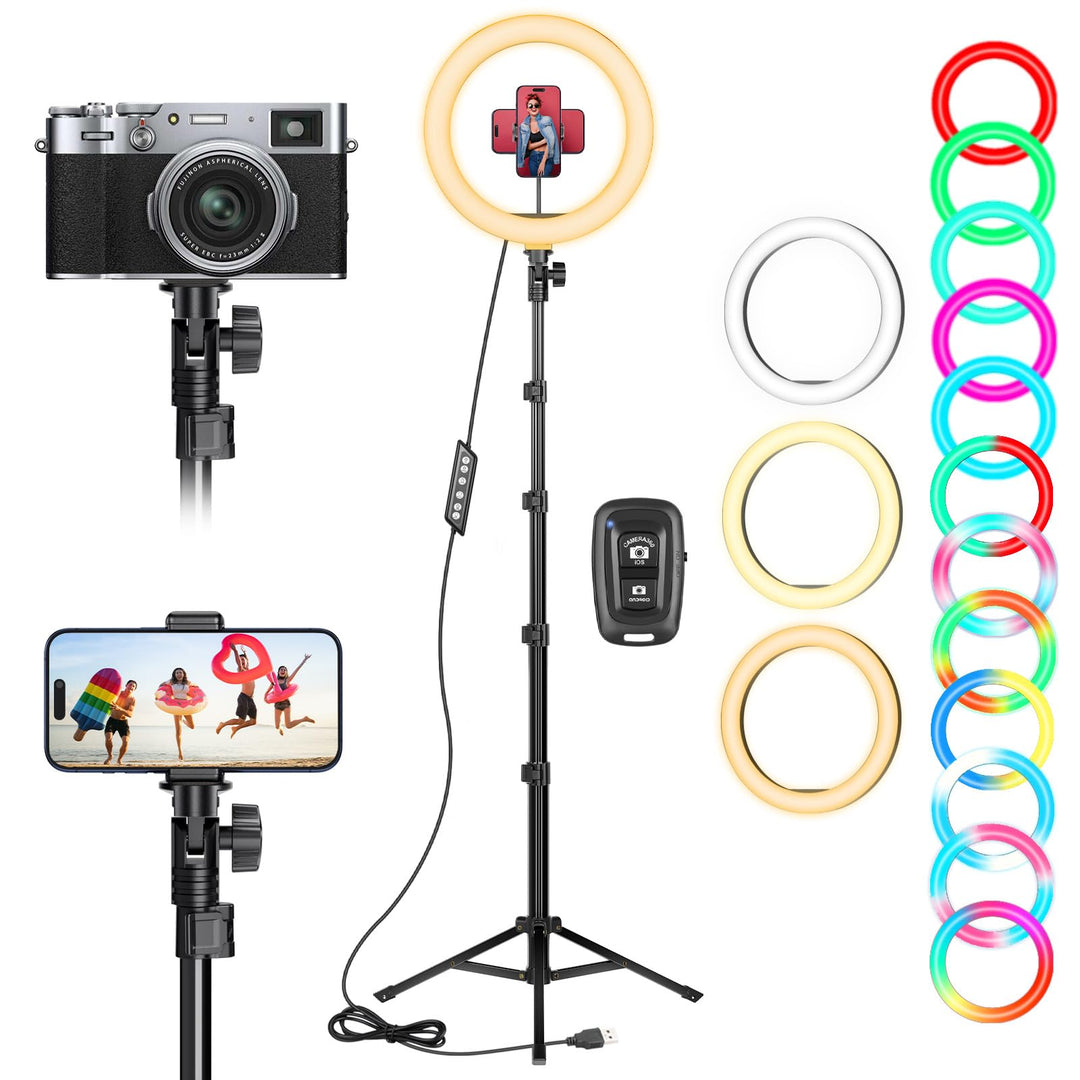 10 Zoll LED Ringlicht mit 61 Zoll Stativständer & Handyhalter, Dimmbare RGB Tischringlicht Handystat