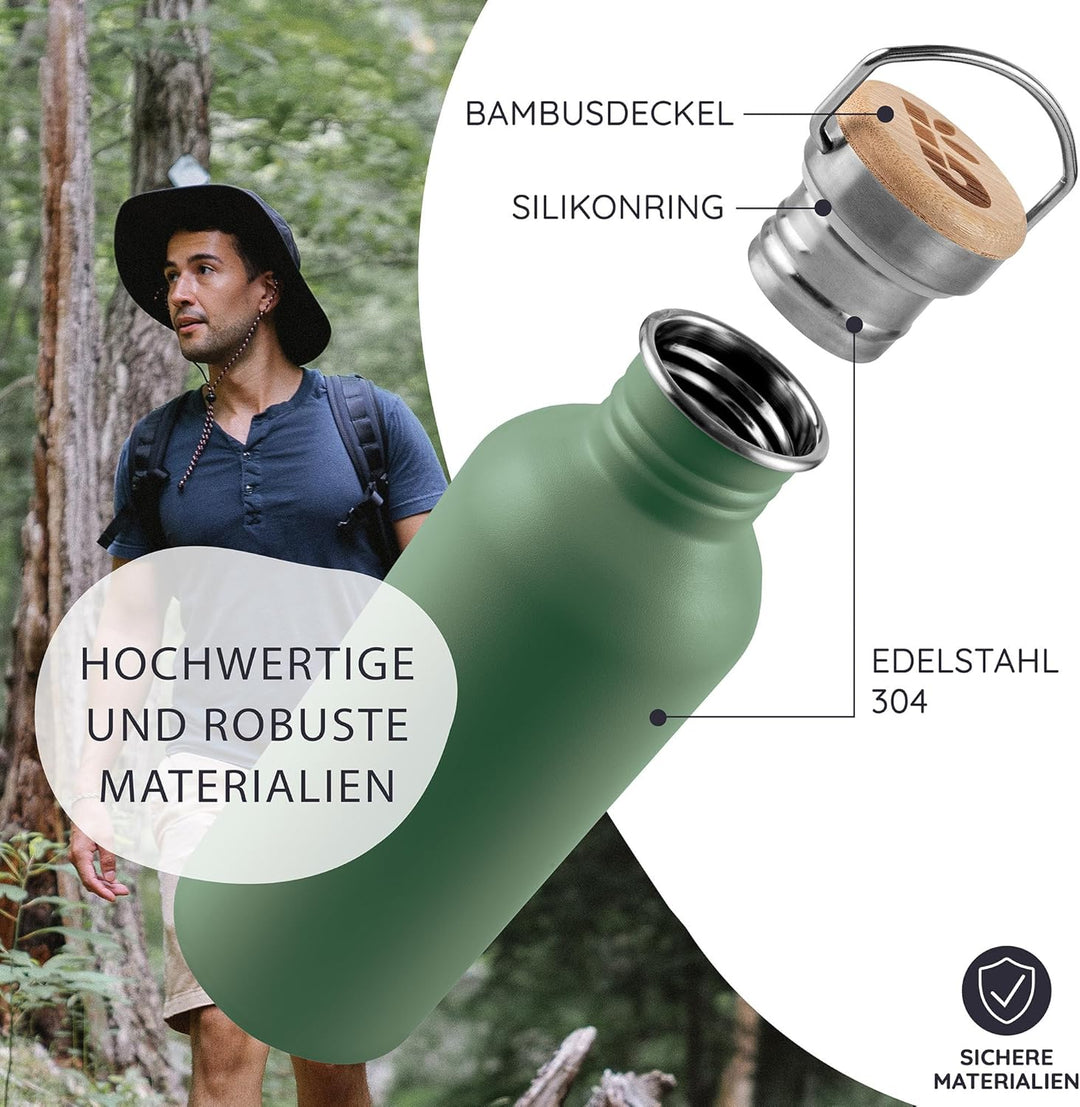 Bambaw Trinkflasche Edelstahl 500ml, Nicht-isolierte Trinkflasche Grün, Kinder Trinkflasche Edelstah