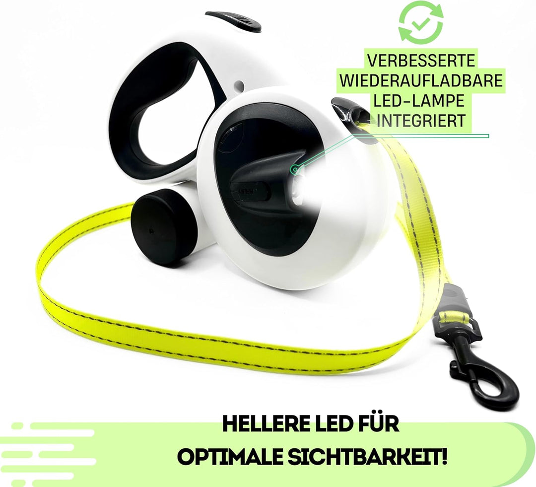 Snuggle Paws Hundeleine 5m Ausziehbar – Alles-in-Einem: Verbesserter LED-Lampe, Kotbeutelspender, An