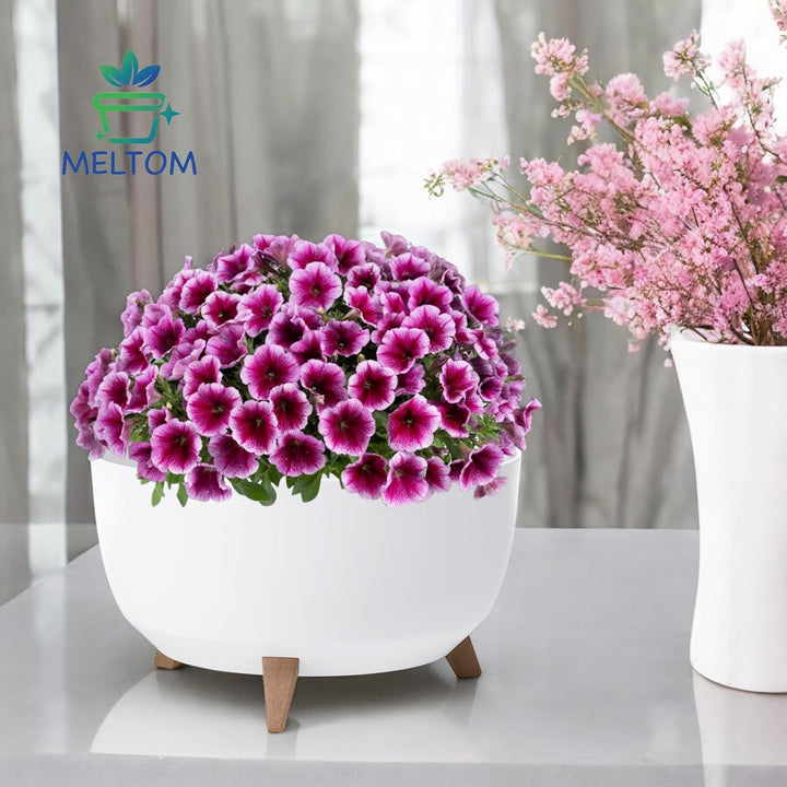 MELTOM Blumentopf mit Füssen aus Kunststoff Schale Rund mit Einsatz Kräutertopf (Weiss, XL - 47 cm)