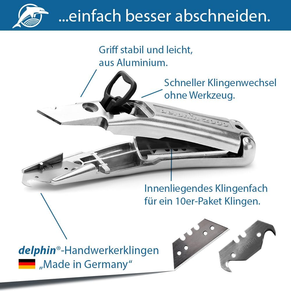 Delphin®-2000 Teppichmesser, Klassik Edition, Feststehende Klinge, Profi Cuttermesser, Alu, Klingen