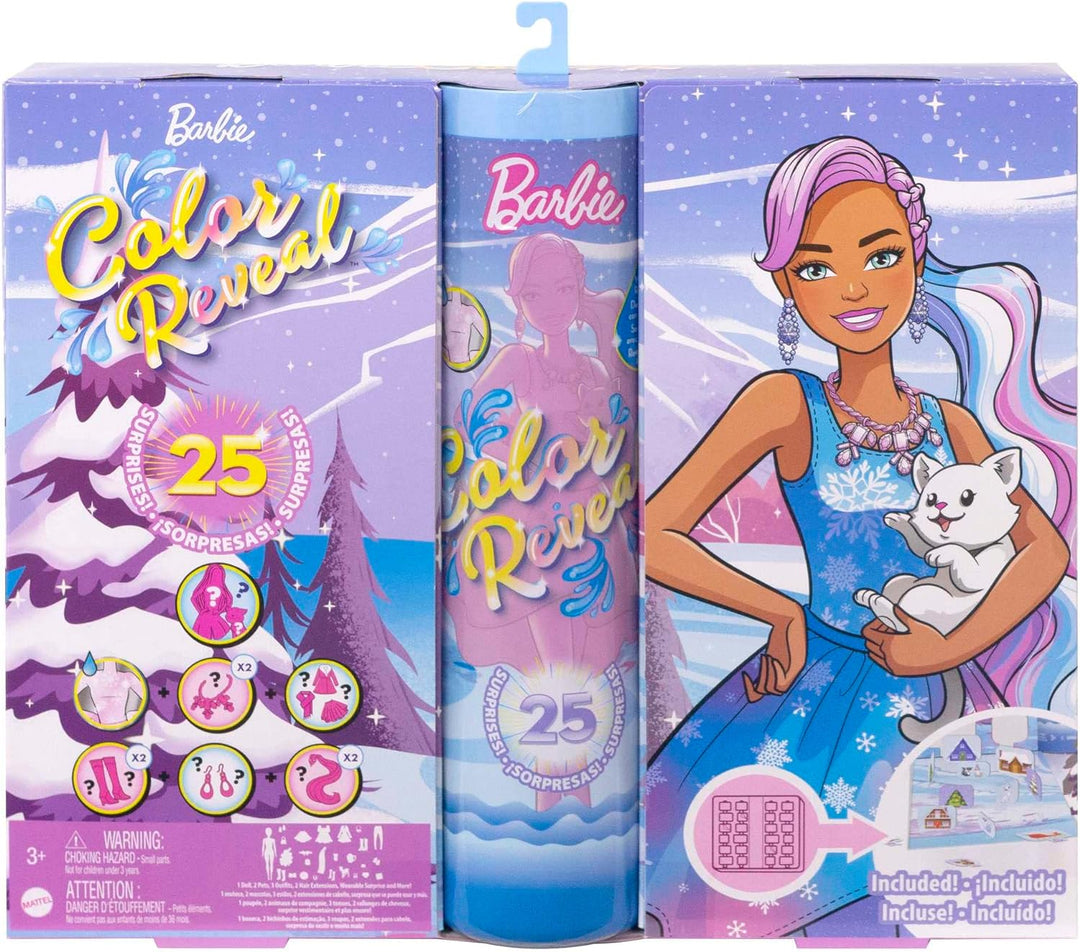 Barbie HJD60 - Color Reveal-Adventskalender, 1 Color Reveal-Puppe und 3 Tiere, Kleidung, Accessoires