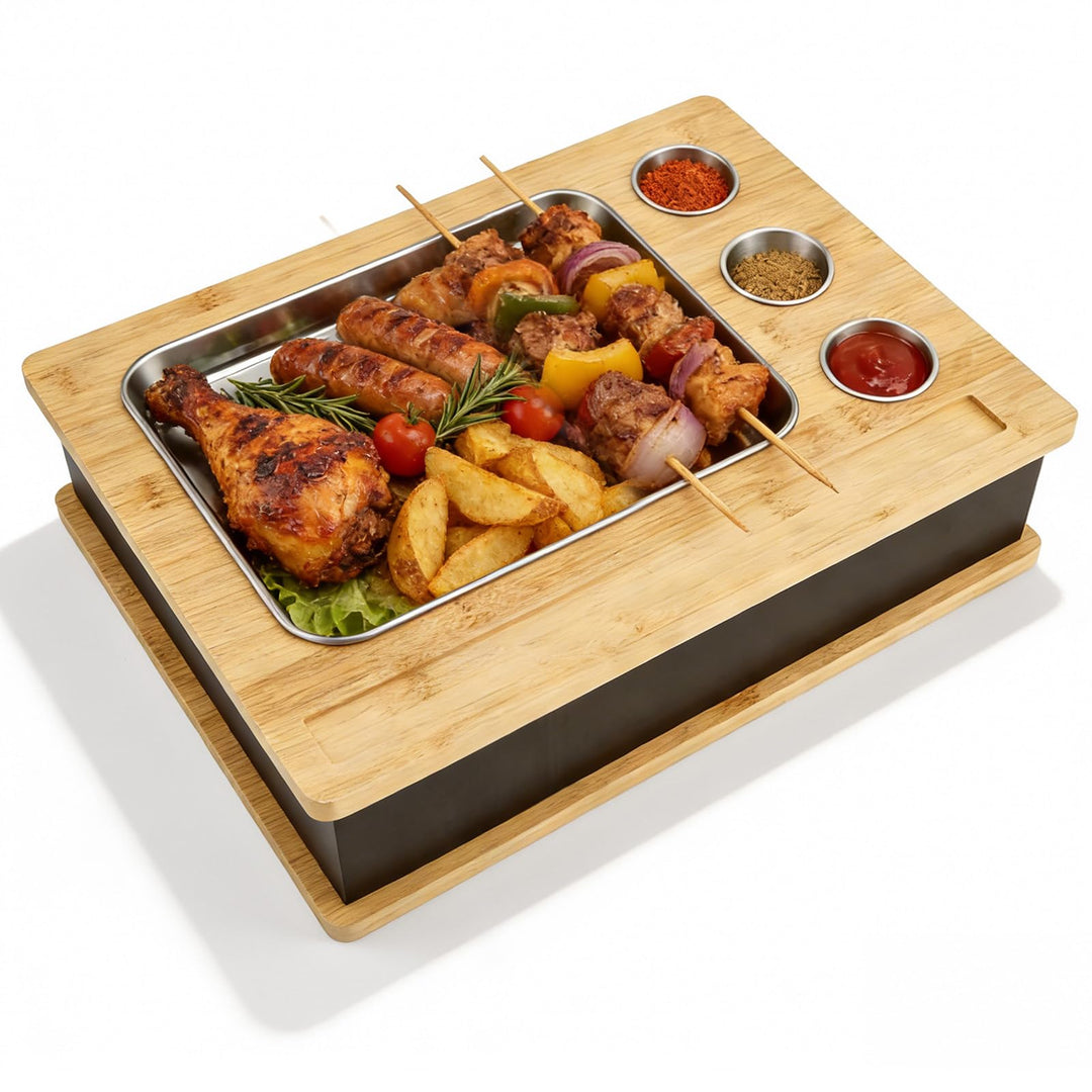 Warmhalteplatte Grillgut, Holz Speisenwärmer mit 304 Edelstahl Grillplatte und Dip-Schale, BBQ Fleis