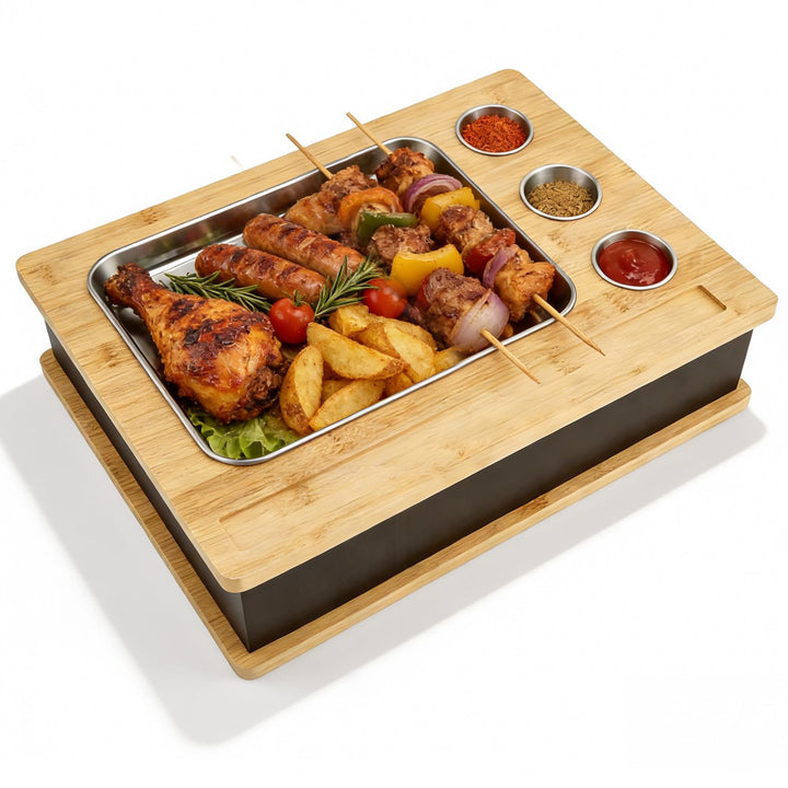 Warmhalteplatte Grillgut, Holz Speisenwärmer mit 304 Edelstahl Grillplatte und Dip-Schale, BBQ Fleis