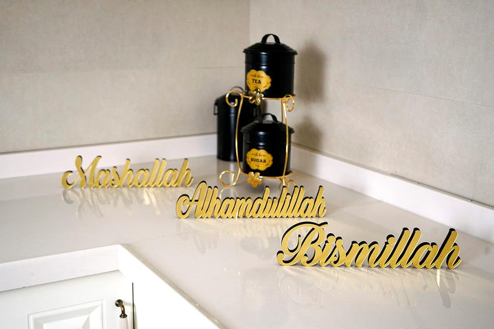 Bismillah Alhamdulilla Mashallah freistehende Holzdekor mit glänzendem Acryl-Finish (3 Stück, Gold)