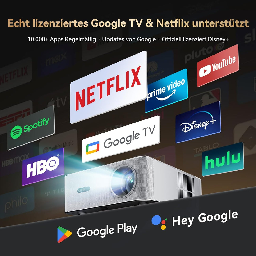 OSCAL PV800Pro 4K Smart Beamer 1400 ANSI-Lumen, WiFi 6, Zertifiziert Google TV, Netflix, 10000+ Apps