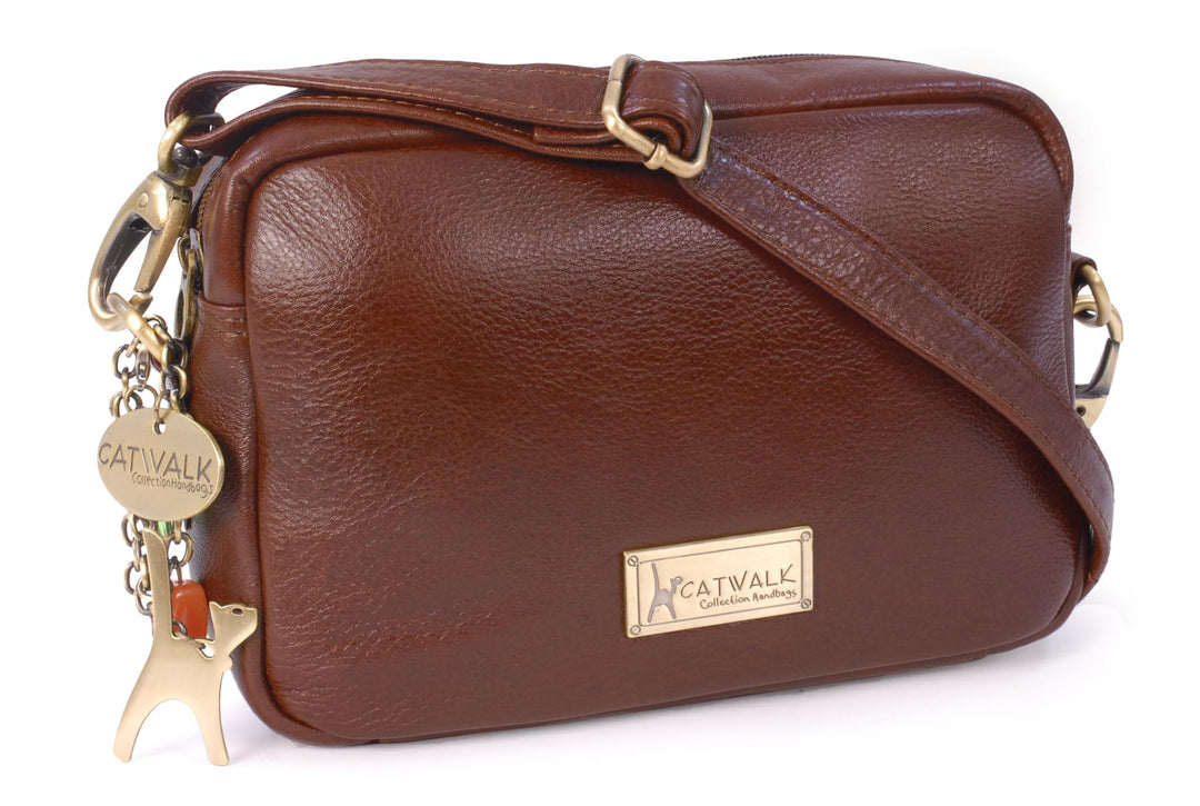Catwalk Collection Handbags - Leder - Klein Umhängetasche Messenger/Schultertasche - POLLY Braun, Br
