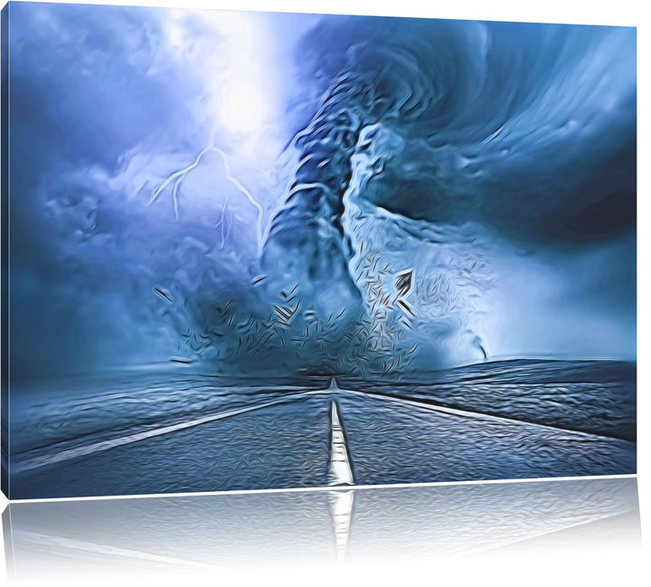 stürmender Tornado auf einer Landstrasse Format: 100x70 auf Leinwand, XXL riesige Bilder fertig gera