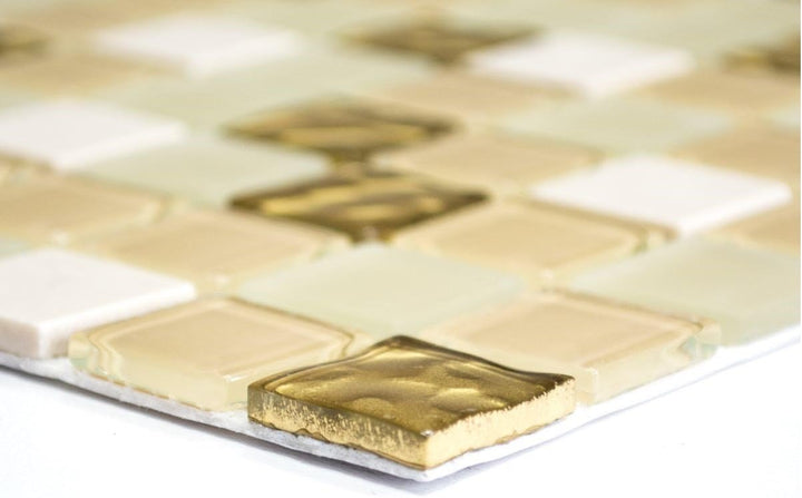 Mosaik Fliese selbstklebend Transluzent Stein weiss gold Rechteck Glasmosaik Crystal Stein beige bra