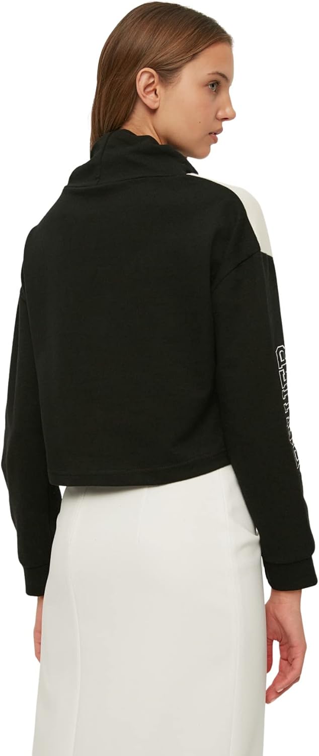 TRENDYOL Damen Schwarzer Steile Kragen Gedruckt Grundlegend Dünn Gestricktes Sweatshirt, S