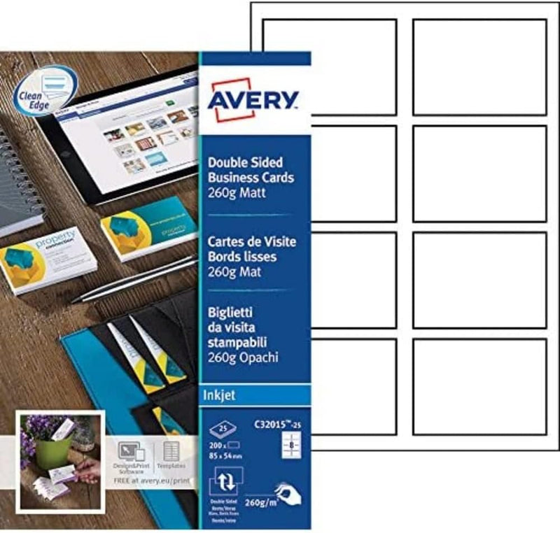 Visitenkarten Avery 85x54mm 260gr White 25 Blatt 8 Karten pro Blatt Einzelbett, Einzelbett