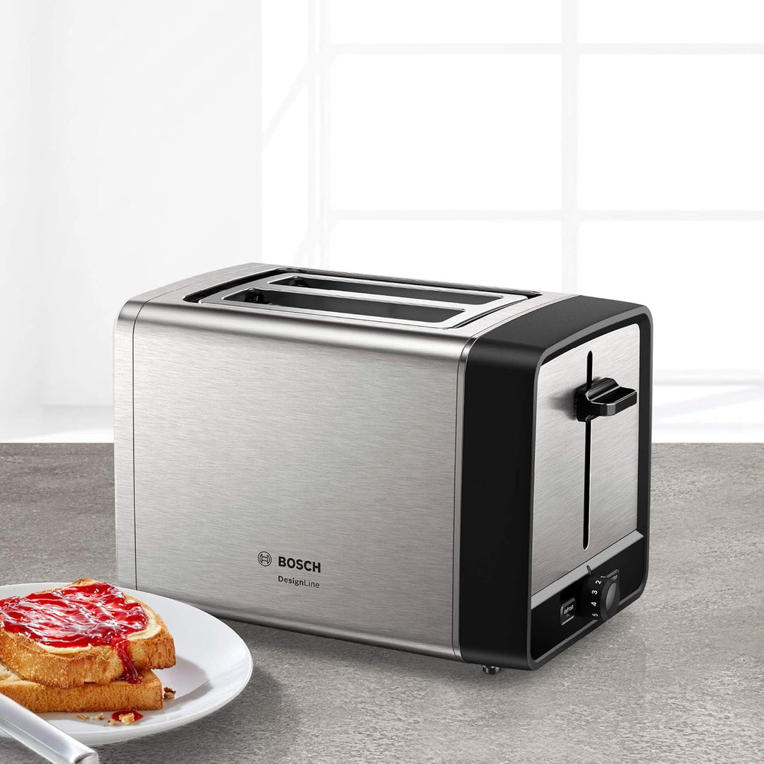 Bosch Kompakt Toaster DesignLine TAT5P420DE, Integrierter Edelstahl-Brötchenaufsatz, Mit Abschaltaut