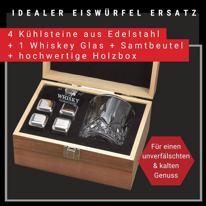 WOMA Whisky Steine Set I 4 Edelstahl Kühlwürfel inkl. Whiskey Glas, Samtbeutel & hochwertiger Holzbo