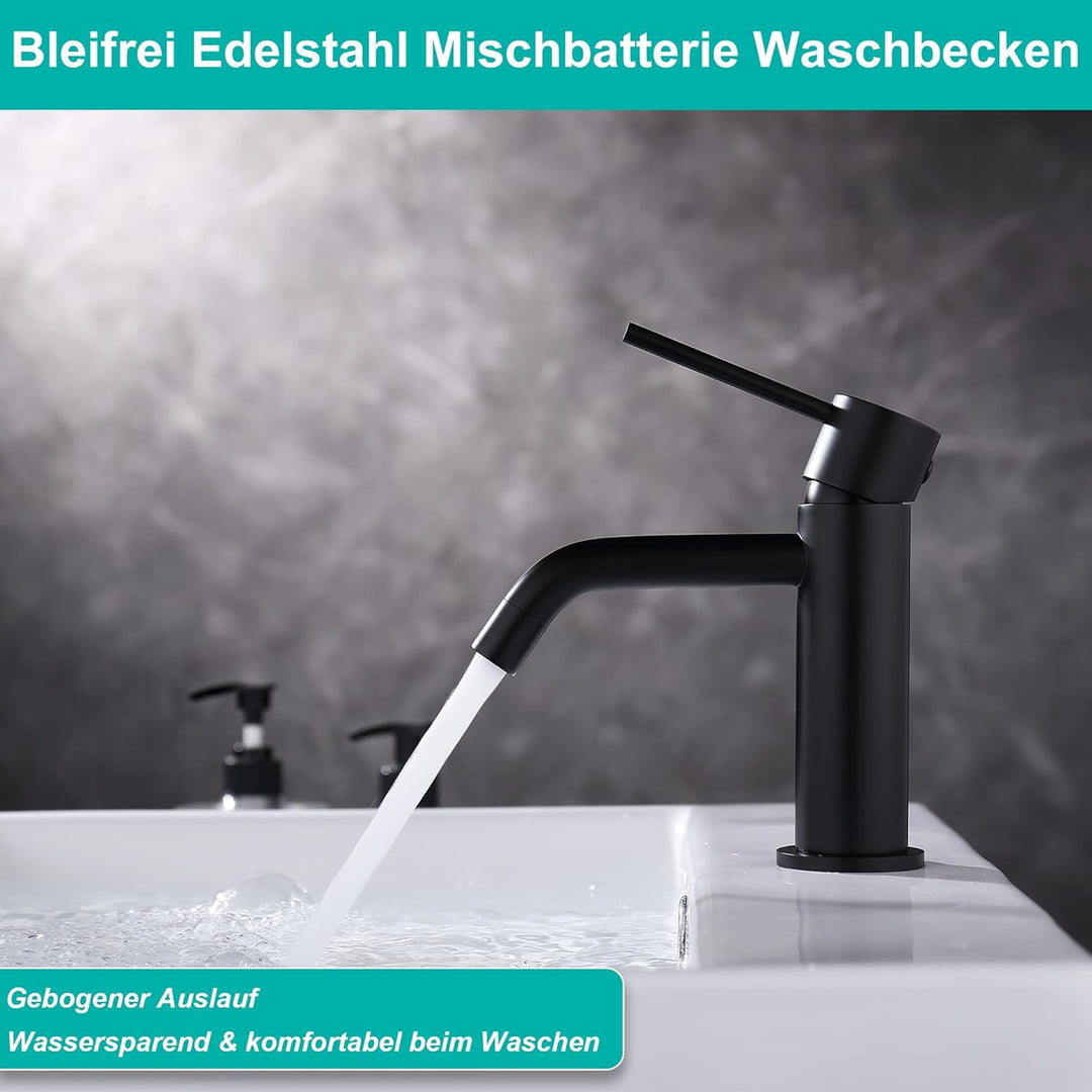 Wasserhahn Schwarz Matt Bad, Anti Ablösung Unterdruck Bleifrei Waschtischmischer mit Zulaufschlauch,