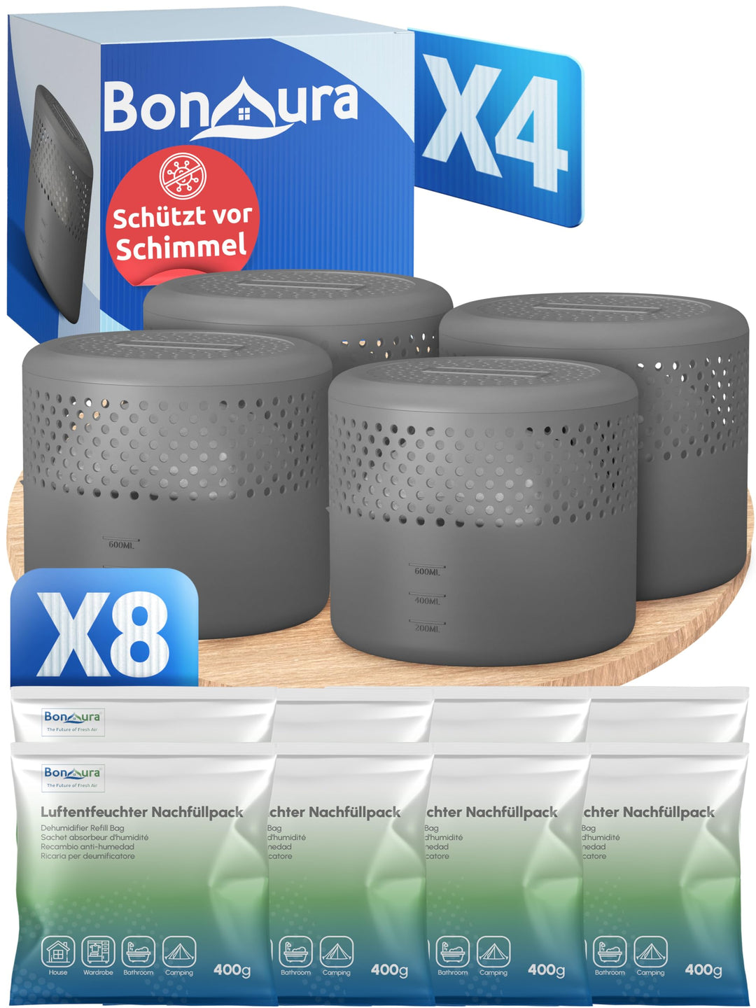 BonAura® 4x Luftentfeuchter ohne Strom + 8x 400g Luftentfeuchter Nachfüllpack - Raumentfeuchter bis