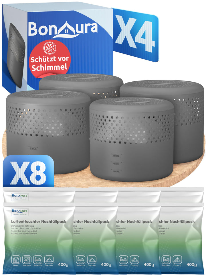 BonAura® 4x Luftentfeuchter ohne Strom + 8x 400g Luftentfeuchter Nachfüllpack - Raumentfeuchter bis