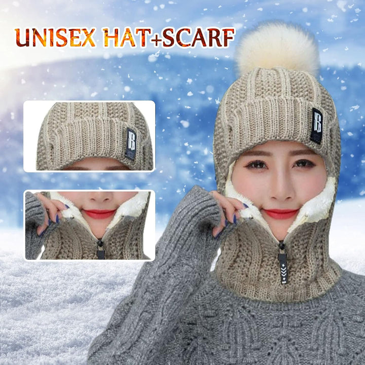 2 in 1 Winter Strickmütze Schal Mütze Set Wintermütze Beanie Damen Warme Loop Strickschal Cap mit Fl