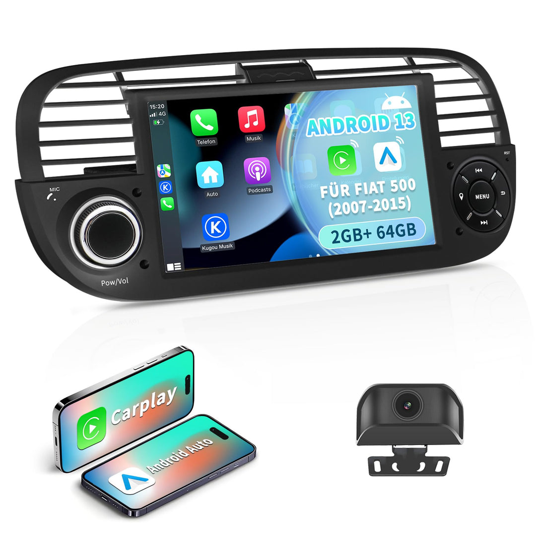 Android 13 Autoradio für FIAT 500 (2007–2015) | 7-Zoll-IPS-Touchscreen mit wasserdichter HD-Rückfahr