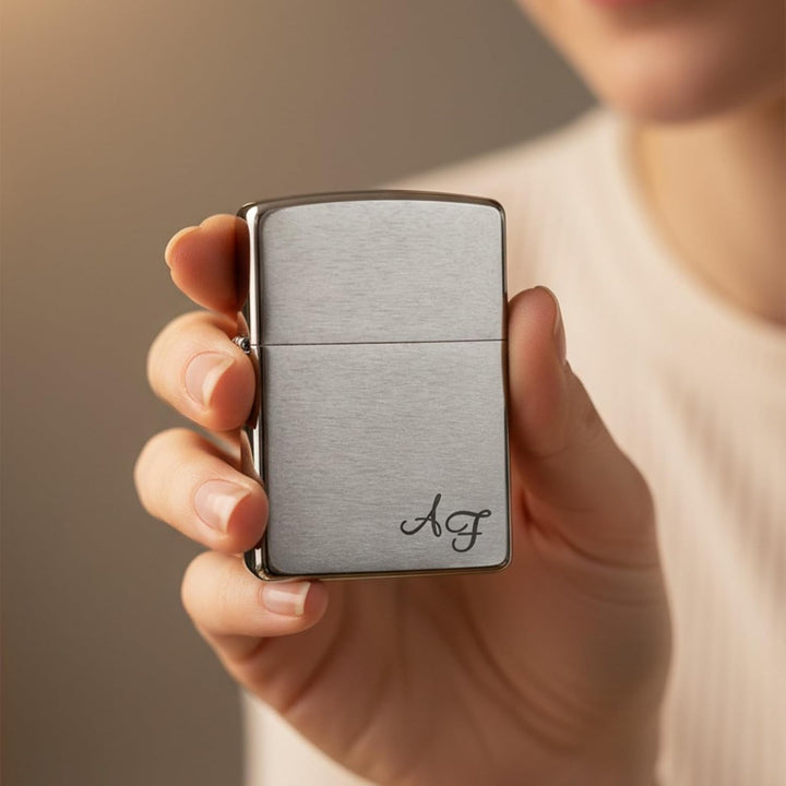 Zippo Benzinfeuerzeug mit Initialen Gravur Chrome Brushed Wunschgravur personalisiert Name Personali