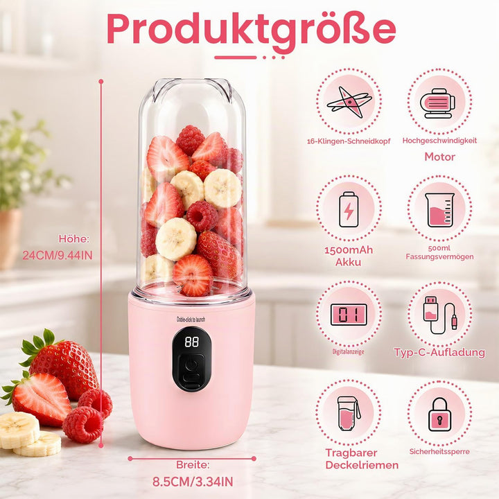 Tragbarer Mixer Smoothie Maker, 500 ml Mixer Smoothie Maker to Go mit Digitalanzeige, 16-Blatt Tragb