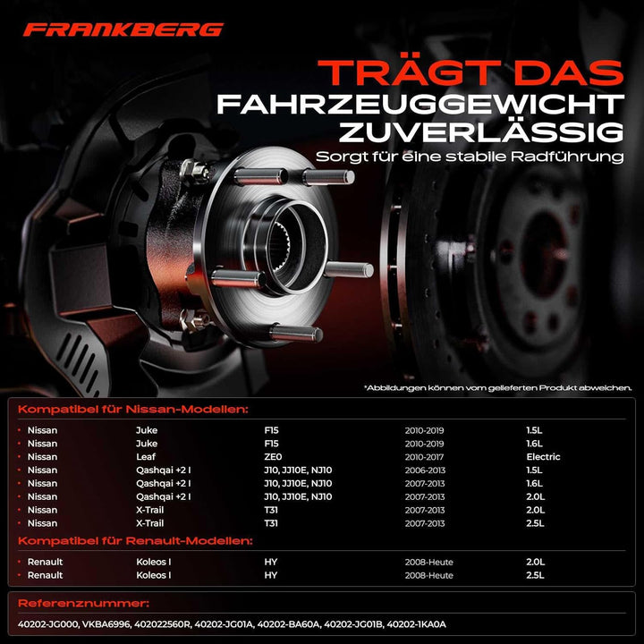 Frankberg 1x Radnabe Radlagersatz Vorderachse Kompatibel mit Juke F15 1.5L-1.6L SUV 2010-2021 X-Trai