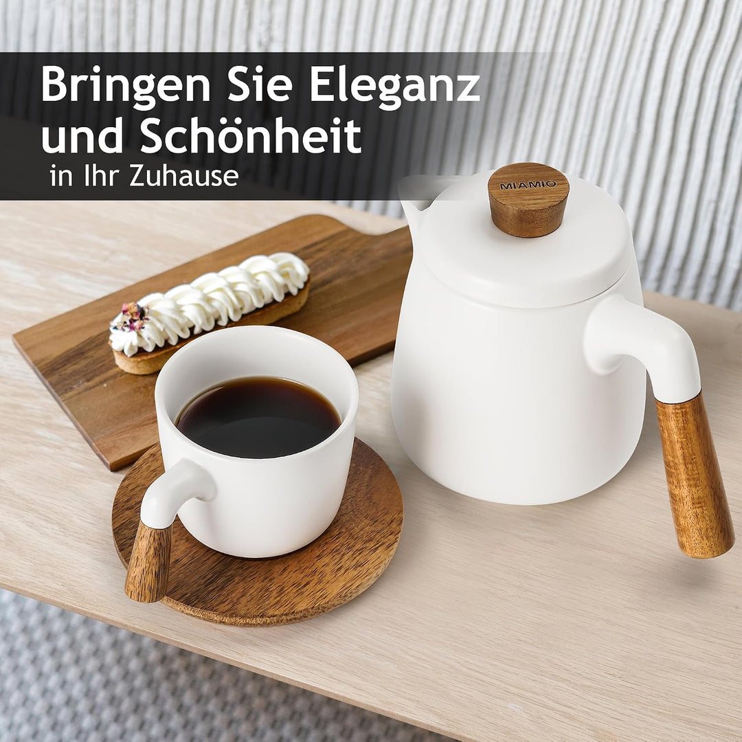 MIAMIO - 1 Liter Keramik-Teekanne-Set mit Siebeinsatz und Tassen/Teesieb, 4 Keramik-Teetassen (300 m