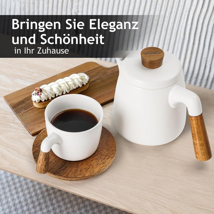 MIAMIO - 1 Liter Keramik-Teekanne-Set mit Siebeinsatz und Tassen/Teesieb, 4 Keramik-Teetassen (300 m