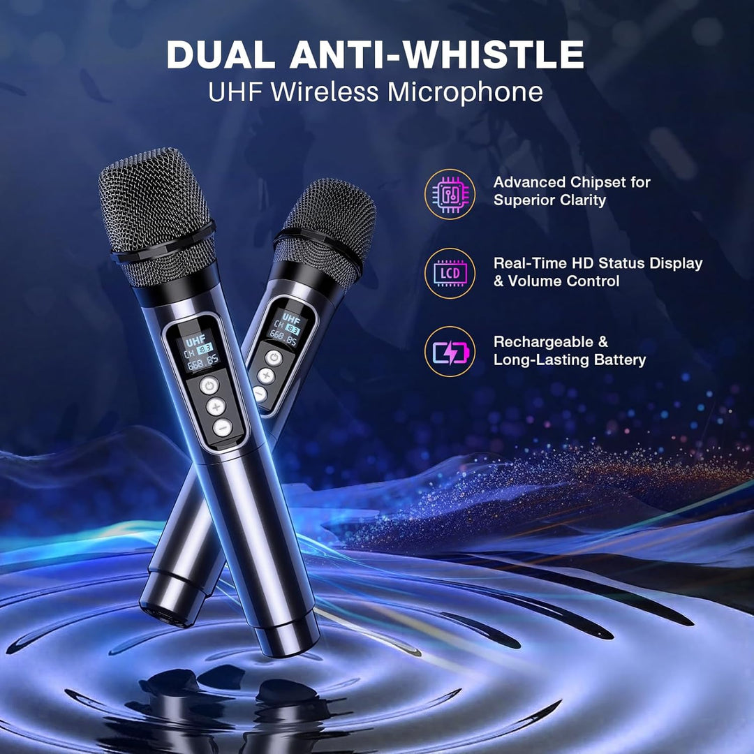 Dislocati Karaoke Maschine mit 2 Wireless Mikrofonen - 20W Tragbarer Party-Lautsprecher, LED-Lichtsh