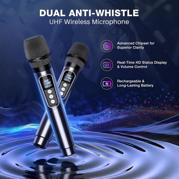 Dislocati Karaoke Maschine mit 2 Wireless Mikrofonen - 20W Tragbarer Party-Lautsprecher, LED-Lichtsh