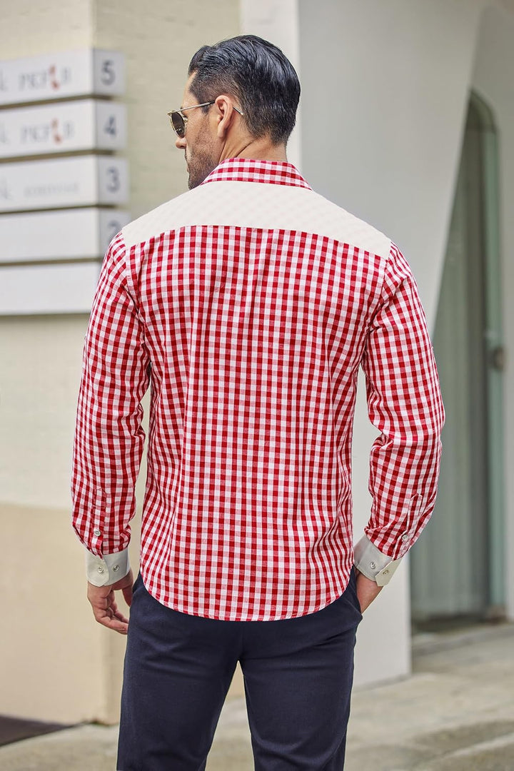 COOFANDY Herren Langarm Trachtenhemd Karriert Oktoberfest Hemd Regular Fit Karohemd Freizeithemd Pla