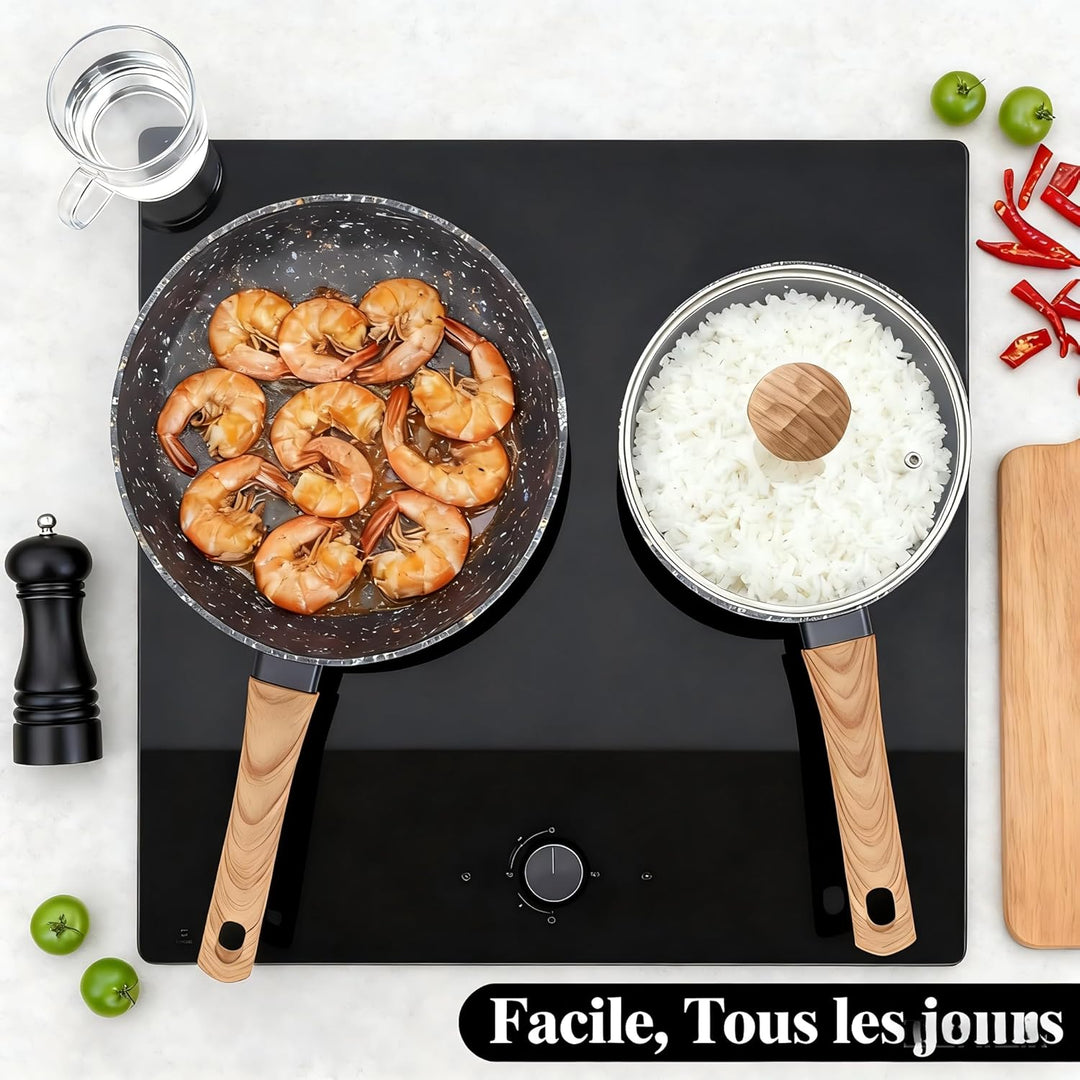 Topf & Pfanne Set grosse Bratpfanne - keramikbeschichteter Aluminiumholzgriff, alle Herdplatten (3,