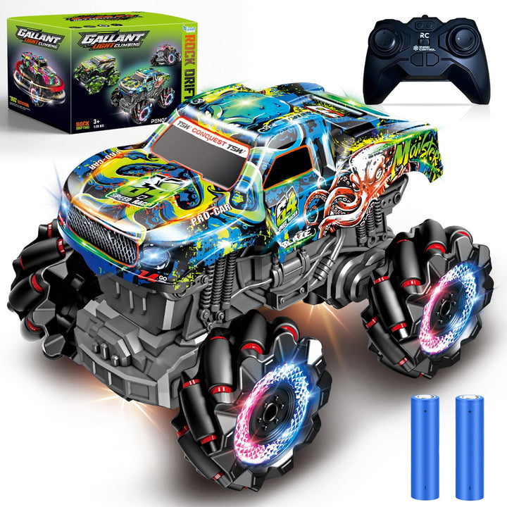 Monstertruck Ferngesteuert mit Licht Reifen, Musik und 360°Drehung (Blau) | 1/20 Ferngesteuerter Mon