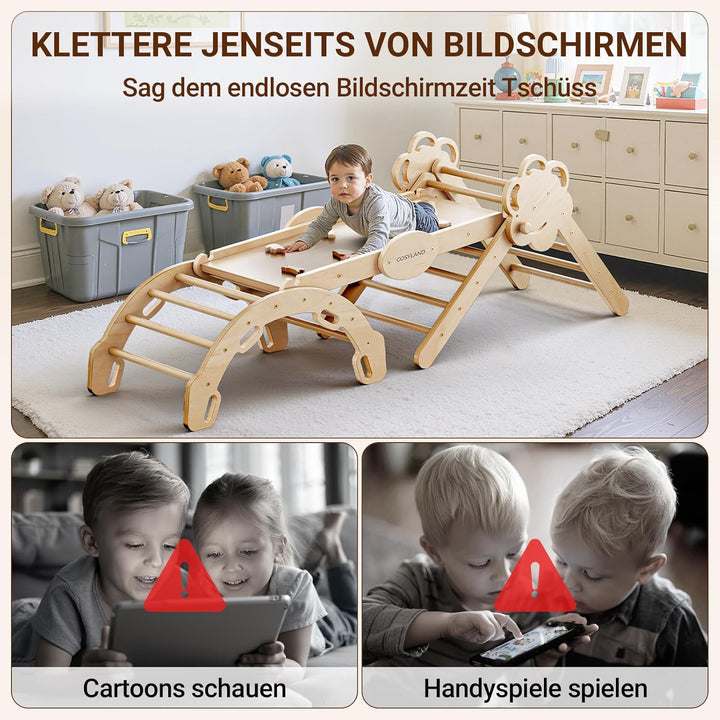 COSYLAND Klettergerüst Indoor L – Grosses Kletterdreieck Set mit Kletterbogen & Rutsche – 8-in-1 Mas